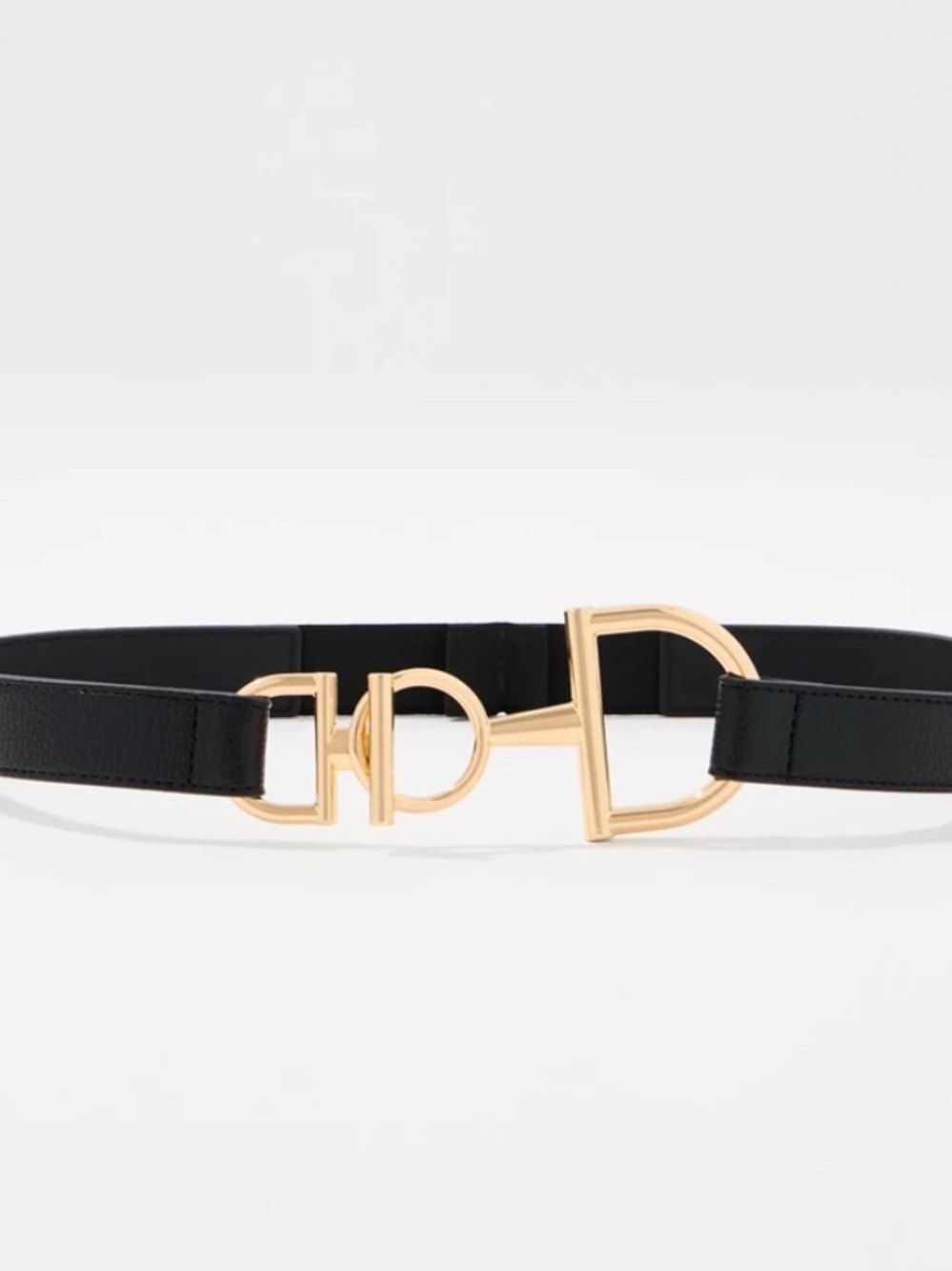 White House Black Market Black Skinny Belt with Gold Logo Buckle